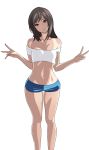  1girl bare_shoulders brown_hair highres legs looking_at_viewer midriff navel red_eyes short_shorts shorts simple_background smile solo takahirokun tan tank_top thigh_gap wide_hips 