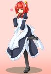  1girl ;d alternate_costume apron bell black_legwear blush bow dress enmaided ganmaganmo hair_bell hair_ornament hand_to_own_mouth heart highres looking_at_viewer maid maid_apron mary_janes motoori_kosuzu one_eye_closed open_mouth pantyhose pose red_eyes redhead sash shoes short_hair side_ponytail smile solo standing_on_one_leg touhou 