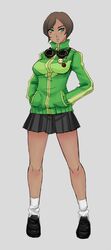  atlus brown_hair company_connection cosplay dark_skin footwear goggles goggles_around_neck green_eyes highres jersey kekekeke maria_torres persona persona_4 satonaka_chie satonaka_chie_(cosplay) short_hair skirt socks solo track_jacket trauma_team 