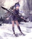  blue_hair boots gas_mask gun hat highres iron_cross machine_gun military military_uniform military_vehicle mp40 nazi original panzerfaust rocket_launcher sigrunen skirt snow snowing solo ss stahlhelm submachine_gun swastika tank uniform vehicle weapon xiezhuyu 