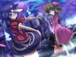  animal_ears beret blue_eyes blue_hair broom cherry_blossoms dress ghost grave graveyard green_eyes green_hair hat highres jiangshi kasodani_kyouko marionette_(excle) miyako_yoshika multiple_girls ofuda outstretched_arms petals pink_dress shirt skirt tongue tongue_out touhou tree zombie_pose 