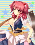  blush breasts cleavage ghost-cure hair_bobbles hair_ornament large_breasts looking_at_viewer navel no_bra onozuka_komachi open_clothes red_eyes scythe short_hair solo star sweatdrop touhou twintails 