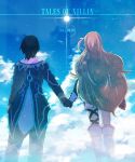  1girl ahoge blonde_hair blue_background brown_hair cloud green_hair hand_holding holding_hands jude_mathis long_hair mathuri milla_maxwell multicolored_hair sky tales_of_(series) tales_of_xillia title_drop 