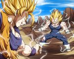  &gt;:) blonde_hair blood boots bruise clenched_hand clenched_hands dragon_ball dragon_ball_z dragonball_z epic fist gloves green_eyes injury kamakiri majin_vegeta multiple_boys muscle son_gokuu sparks spiked_hair spiky_hair super_saiyan super_saiyan_2 tjgl vegeta wristband 