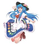  :d blue_hair boots dress food fruit hand_on_hat hat hinanawi_tenshi jumping long_hair open_mouth peach red_eyes smile solo taishi_(moriverine) touhou 