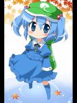  autumn_leaves ayu_(iyokanya) backpack bag blue_eyes blue_hair blush hair_bobbles hair_ornament hat kawashiro_nitori key randoseru shirt skirt skirt_set smile solo touhou twintails 