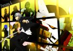  glasses grey_eyes grey_hair hairband hanamura_yousuke hat headphones highres izanagi katana kujikawa_rise kuma_(persona_4) male narukami_yuu nuezou persona persona_4 pins satonaka_chie school_uniform shirogane_naoto silhouette sword tatsumi_kanji television weapon 