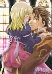  alvin_(tales_of_xillia) blonde_hair blush bolero brown_eyes brown_hair carrying coat dress elise_lutas elise_lutus fujiwara_system green_eyes highres short_hair smile tales_of_(series) tales_of_xillia window 