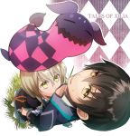  argyle_background black_hair blonde_hair brown_eyes coat creature dress elise_lutas elise_lutus frills from_above green_eyes icon_(sgt) jude_mathis ruffles short_hair tales_of_(series) tales_of_xillia tipo_(xillia) tippo title_drop 