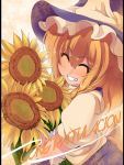  blonde_hair closed_eyes congratulations engrish eyes_closed face flower grin hair_between_eyes hat kirisame_marisa long_hair ranguage simple_background smile solo suihimaru sunflower teeth touhou witch witch_hat 
