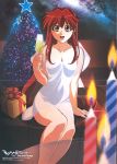  blue_eyes breasts candle champagne christmas christmas_tree cleavage couch dita_liebely dress fire gift highres kuroda_kazuya legs long_hair looking_at_viewer open_mouth red_hair redhead ribbon smile space star text tree vandread very_long_hair 