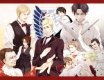  2girls 6+boys alternate_costume auruo_bossard black_hair blonde_hair brown_hair carrot chef erd_gin eren_jaeger erwin_smith flower formal gunter_shulz hanji_zoe knife ladle levi_(shingeki_no_kyojin) mike_zakarius multiple_boys multiple_girls parody petra_ral red_rose restaurant rose siroii suit vest waistcoat waiter 