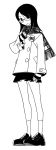  buttons coat footwear fujiyoshi_harumi glasses highres kumeta_kouji loafers monochrome official_art sayonara_zetsubou_sensei scarf shoes short_hair simple_background skirt socks 