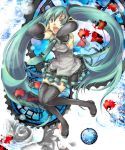  aqua_eyes aqua_hair arms_up boots detached_sleeves hands_on_headphones hatsune_miku headphones long_hair necktie open_mouth shunatsu skirt solo thigh-highs thigh_boots thighhighs twintails very_long_hair vocaloid 