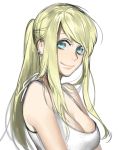  blonde_hair blue_eyes breasts bust cleavage dress earrings face fullmetal_alchemist jewelry large_breasts long_hair noako ponytail smile solo white_dress winry_rockbell 