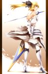  ahoge armor armored_dress avalon_(fate/stay_night) bare_shoulders blonde_hair dress fate/stay_night fate/unlimited_codes fate_(series) from_behind gauntlets greaves green_eyes highres long_hair ponytail saber saber_lily sheath skirt solo standing thigh-highs thighhighs umakatsuhai white_legwear 