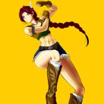  armlet blush_stickers boots braid brown_hair cosplay cowboy_bebop cowboy_boots crop_top denim_skirt feathers fighting_stance fingerless_gloves gloves hair_feathers headband julia_chang julia_chang_(cosplay) king_of_fighters kneehighs long_hair look-alike midriff native_american navel orange_background pleasure-treasure ryuuko_no_ken sakazaki_yuri simple_background single_braid slender_waist snk socks solo tank_top tekken thighs yuri_sakazaki 