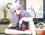  animal_ears basket body_mahattaya_ginga capelet dress feeding fine_art_parody gem grey_dress grey_hair ikebana jewelry kneehighs mouse mouse_ears mouse_tail nazrin necklace nihonga parody pendant reaching red_eyes shirt short_hair silver_hair sitting smile solo tail tatami touhou vase white_legwear 