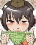  green_panties hat holding holding_panties panties plaid plaid_panties pointy_ears shameimaru_aya side-tie_panties smile sweatdrop tokin_hat touhou underwear yukaran_nosuke 