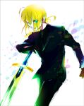  ahoge androgynous aonome black_gloves blonde_hair excalibur fate/stay_night fate/zero fate_(series) female formal gloves green_eyes long_hair necktie pant_suit ponytail reverse_trap saber solo suit sword tomboy weapon 