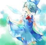  blue_eyes blue_hair bow cirno dress hair_bow kanta_(co2co8) neon_(co2co8) profile short_hair skirt_hold solo touhou wings 
