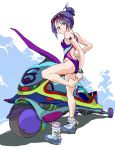  ankle_boots aoi_zero bad_anatomy barefoot blue_eyes boots competition_swimsuit goggles goggles_on_head hair_bun highres looking_back motor_vehicle motorcycle one-piece_swimsuit original purple_hair single_shoe solo standing_on_one_leg stretch swimsuit vehicle watch 