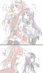  2girls 2koma akemi_homura artist_request black_hair blush comic homu long_hair magical_girl mahou_shoujo_madoka_magica multiple_girls pantyhose pocky ponytail red_hair redhead sakura_kyouko surprised thighhighs tickling translated turning unknown_artist_of_2ch_sakura_kyouko_thread 