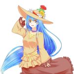 amber_eyes blue_hair cro_cell gold_eyes hat highres jewelry long_hair m.u.g.e.n mugen_(game) nanikoro necklace night_wizard skirt smile solo sun_hat transparent_background very_long_hair yellow_eyes