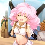  ^_^ afro backpack bag breasts closed_eyes eyes_closed lowres midriff mound_of_venus navel open_mouth pink_hair rance_(series) randoseru shiru sill_plain smile solo 