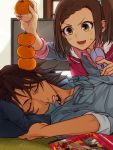  1girl age_difference braid brown_eyes brown_hair cellphone denim father_and_daughter food fruit hair_ornament hairclip holding holding_fruit kaburagi_kaede kaburagi_t_kotetsu magazine one_side_up orange origami_cyclone phone side_ponytail sleeping sleeves_rolled_up tiger_&amp;_bunny tk_(gixsa) vest 