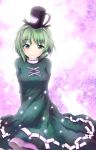  arms_behind_back blush breasts dress floral_print ghost ghost_tail green_dress green_eyes green_hair hat highres hiromi_(artist) long_sleeves multiple_tails short_hair smile soga_no_tojiko solo tail tate_eboshi touhou 