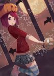  1girl broom cccpo digital_media_player earbuds earphones heart heart-shaped_pupils kneeling moon mouth_hold original plaid plaid_skirt pleated_skirt pumpkin_hat purple_eyes red_hair redhead short_hair skirt solo star striped striped_legwear symbol-shaped_pupils thighhighs violet_eyes 