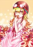  blonde_hair doughnut dress goggles goggles_on_head helmet inaba-no-kuni-tottori long_hair monogatari_(series) oshino_shinobu pointy_ears slit_pupils strap_slip sundress yellow_eyes 