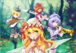  band black_legwear blonde_hair blue_eyes blue_hair bonnet bow bow_(instrument) brown_eyes brown_hair hat instrument keyboard_(instrument) lily_white lunasa_prismriver lyrica_prismriver merlin_prismriver microphone multiple_girls short_hair smile thigh-highs thighhighs touhou trumpet violin white_legwear wings yellow_eyes zettai_ryouiki zhuxiao517 