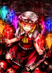  90i ascot blonde_hair blood blood_splatter bobby_socks cage chain chains flandre_scarlet hat highres red_eyes short_hair side_ponytail sitting skirt skirt_set smile socks solo stabbing the_embodiment_of_scarlet_devil touhou wariza wings 