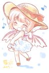  animal_ears blush bow chibi closed_eyes dress earrings eyes_closed happy hat jewelry musical_note mystia_lorelei nekomura_otako open_mouth pink_hair sandals short_hair sleeveless smile solo sundress touhou wings 