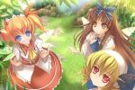  ascot blonde_hair blue_eyes brown_eyes brown_hair drill_hair luna_child marionette_(excle) multiple_girls obi red_eyes star_sapphire sunny_milk touhou twintails wings 