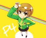  :&gt; :q adjusting_glasses brown_eyes brown_hair chan_co from_above glasses glasses_on_head hand_on_hip looking_at_viewer persona persona_4 pleated_skirt satonaka_chie short_hair skirt solo tongue track_jacket yellow-framed_glasses 