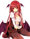  bad_id bat_wings bra breasts cleavage dress_shirt fuuma_(gjmwja) head_wings koakuma large_breasts lingerie long_hair mouth_hold open_clothes open_shirt pantyhose red_eyes red_hair redhead ribbon shirt sitting solo the_embodiment_of_scarlet_devil touhou underwear very_long_hair wings 