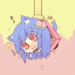  1girl animal_ears blush cat_ears cat_tail chibi crane_game food fruit grabbing hazuki_ruu hinanawi_tenshi kemonomimi_mode lifting long_hair minigirl no_hat no_headwear open_mouth peach red_eyes shirt skirt solo tail touhou 