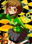  adjusting_glasses bike_shorts blush brown_eyes brown_hair glasses persona persona_4 satonaka_chie shirono short_hair skirt smile solo track_jacket yellow-framed_glasses 