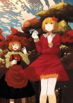  aki_shizuha apron autumn bare_legs food forest hand_on_own_chest hand_to_chest highres leaf leaf_on_head looking_up maple_leaf nature orange_eyes orange_hair red_eyes short_hair siblings sisters sky standing sweet_potato touhou tree wince yokohachi 