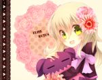  blonde_hair bow character_name creature doll elise_lutas elise_lutus flower frills green_eyes hair_flower hair_ornament hug lace long_hair pink_rose ribbon rose smile tales_of_(series) tales_of_xillia tipo_(xillia) tippo 