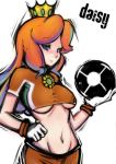  artist_request blue_eyes blush breasts crop_top crown gloves jewelry long_hair looking_at_viewer mario_strikers_charged midriff mound_of_venus navel nintendo orange_hair pendant princess_daisy red_hair sho-n-d simple_background smile soccer soccer_ball solo sports_uniform sportswear super_mario_bros. super_mario_strikers taut_shirt underboob 