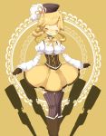  beret blonde_hair boots breasts closed_eyes corset detached_sleeves dress drill_hair eyes_closed fingerless_gloves gloves gun hair_ornament hat jiguma magical_girl magical_musket mahou_shoujo_madoka_magica pleated_skirt puffy_sleeves skirt smile solo taut_shirt thigh-highs thigh_gap thighhighs thighs tomoe_mami vertical-striped_legwear vertical_stripes weapon yellow yellow_background yellow_dress 