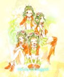  boots breasts clone goggles goggles_on_head green_eyes green_hair gumi headphones jacket megpoid_(vocaloid3) midriff mitsuka multiple_girls multiple_persona navel open_mouth short_hair shorts skirt smile sparkle suspenders thigh-highs thigh_boors thigh_boots thighhighs under_boob underboob vocaloid wink 