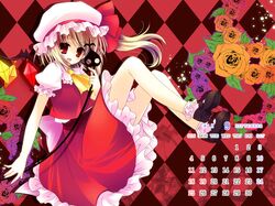  ascot blonde_hair blush calendar fang flandre_scarlet flower hat laevatein long_hair open_mouth red_eyes rinka_(ri_ko) rose september short_hair side_ponytail skirt smile solo the_embodiment_of_scarlet_devil touhou wings 