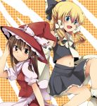  alternate_color alternate_eye_color apron ascot blonde_hair blue_eyes blush bow brown_eyes brown_hair checkered checkered_background cosplay costume_switch detached_sleeves fang hair_bow hair_tubes hakurei_reimu hakurei_reimu_(cosplay) hand_on_hat hat hat_ribbon kirisame_marisa kirisame_marisa_(cosplay) marimo_danshaku midriff miko multiple_girls navel open_mouth ribbon shirt skirt skirt_set smile touhou witch witch_hat 