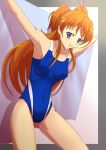  arms_up blue_eyes competition_swimsuit highres houjou_hibiki long_hair one-piece_swimsuit orange_hair precure suite_precure swimsuit towel twintails wss 
