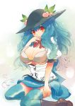  blue_hair blue_legwear bra breasts cleavage food fruit hat hinanawi_tenshi huge_breasts lingerie long_hair open_clothes peach red_eyes sitting solo thigh-highs thighhighs touhou tsuutenkaaku underwear 